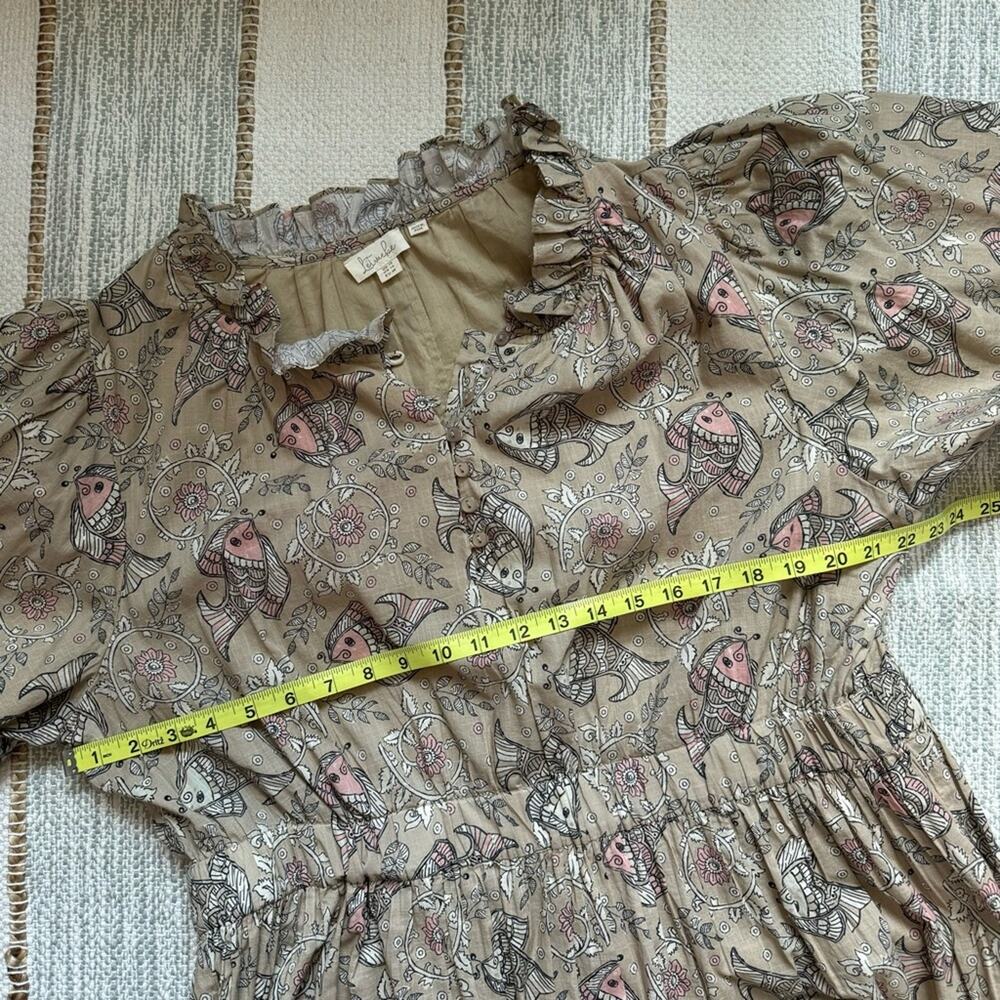 Let Me Be Anthropologie Celeste Fish Print Peasant Puff Sleeves Mini Dress 14 - Picture 9 of 14